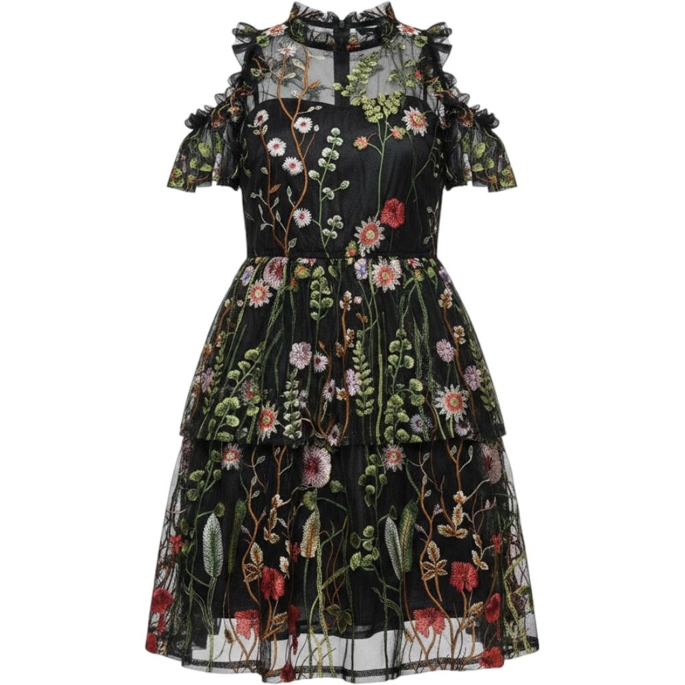 Etiquette Floral Embroidered‎ Dress Womens Small Black Excellent Tiered Mesh